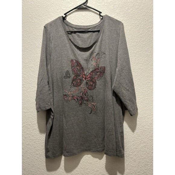 Catherines Grey Butterfly Graphic Cotton Blend Tee- Women's 1X Short Sleeve - Picture 1 of 8